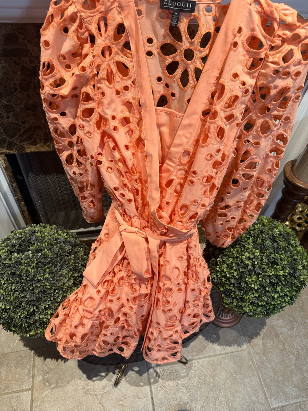 Eloquii Coral Eyelet Tie-Waist Mini Dress with Plunging V